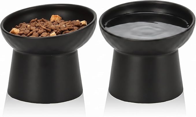 YauYik Ceramic Elevated Cat Bowls - 15°Tilted Cat Food Bowls for Indoor Cats, Whisker Fatigue Relief Shallow Cat Bowl, Anti Vomiting Raised Cat Feeding Bowls,8 Ounces, Black, 2 Pack
