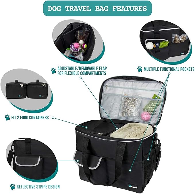 PetAmi Dog Travel Bag Organizer, Pet Travel Kit with 2 Food Containers & 2 Collapsible Dog Bowls, Pet Supplies Tote with Luggage Sleeve, Weekend Road Trip Camping Essentials, Black, Large