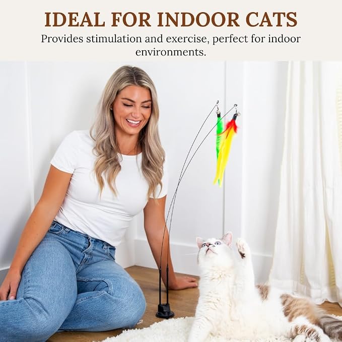 Cat Toys for Indoor Cats, Interactive Cat Toy Wand, Kitten Stuff, 9 Lures | 3 Play Modes! Set The No-topple Base On A Couch, Attach The Dual Suction Base, Or Use The Handheld Fishing Pole Wand.
