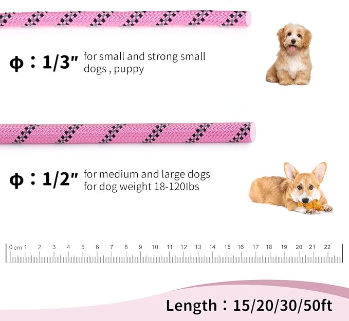 Long Dog Leash for Training 20Ft-Reflective Nylon Rope with Swivel Hook-Recall Agility Lead for Large Small Medium Dogs Outside Walking Hiking-Pink Diam 1/2"