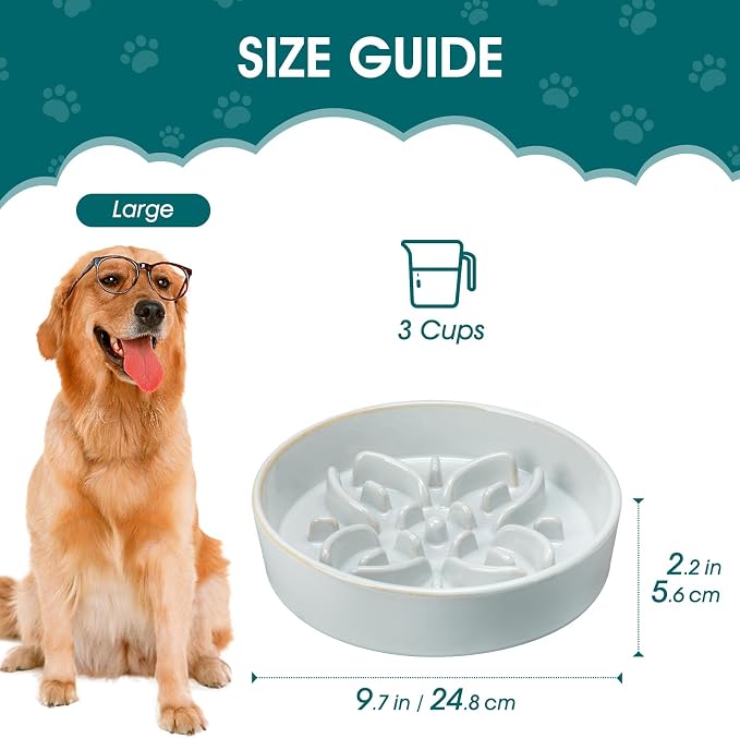 vancasso Ceramic Slow Feeder Dog Bowls, Puzzle Dog Food Bowls with Floral Maze, Anti -Slip Pet Food Dish for Large Breed, 3 Cups, Grayish Cyan