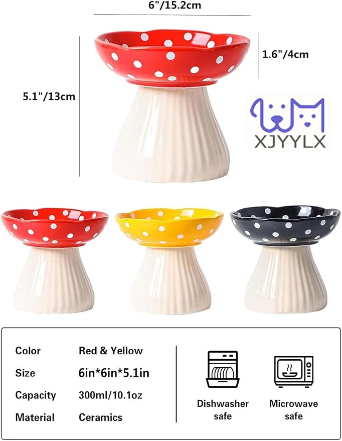 Mushroom Elevated Cat Bowls Ceramic, Cute Cat Bowls Whisker Fatigue | Raised Cat Bowl for Indoor Cats, Raised Dog Bowls Stand for Food and Water, Red 6" Wide for Adult Cats