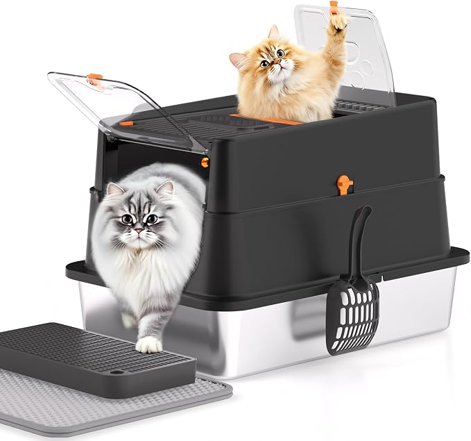 Stainless Steel Litter Box with Lid, XL Enclosed Cat Litter Box for Big Cats, Easy to Clean High Sided Metal Kitty, Front & Top Entry, Scoop, Mat& Foot Pedal - Black