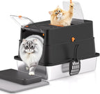 Stainless Steel Litter Box with Lid, XL Enclosed Cat Litter Box for Big Cats, Easy to Clean High Sided Metal Kitty, Front & Top Entry, Scoop, Mat& Foot Pedal - Black