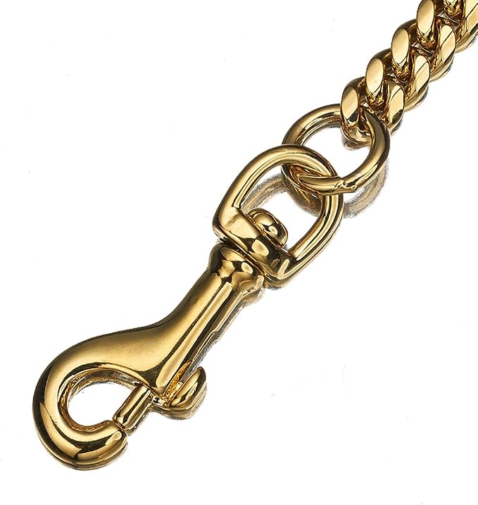 Strong Dog Chain Gold Leash Long 3FT 4FT 5FT 18K Stainless Steel 12mm Curb Cuban Link Dog Leash with Comfortable Genuine Leather Handle(Gold, 3FT)