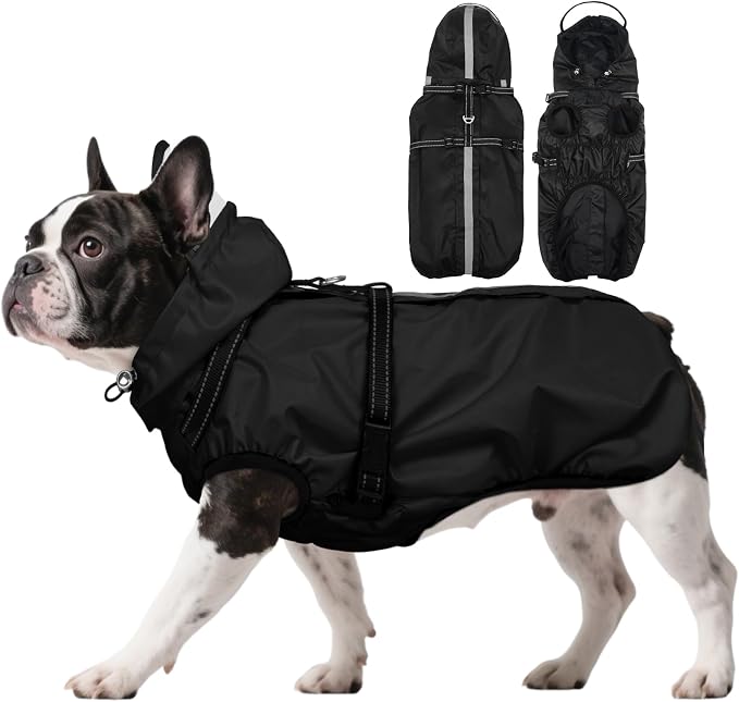Dog Raincoat with Built-in Harness, Dog Rain Jacket with Clear Hood | Rain Coat For Small Dogs, Doggy Poncho With Leash Hole, Reflective Strips, For Rainy Snowy Weather Walks, Hiking, Camping, L