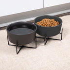 Waggo Simple Solid Double Dog Bowl and Dog Bowl Stand - Double Iron Stand with Double Ceramic Feeder or Water Bowl, Small or Large Dog Elevated Pet Feeder (Matte Black, Medium)