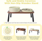 SPUNKYJUNKY Ceramic Elevated Dog Bowls with Slow Feeder Raised Acacia Bamboo Wooden Stand, 8.3'' Dog Food Water Bowls Set Non-Slip for Medium Large Sized Breed Microwave Dishwasher Safe - Beige