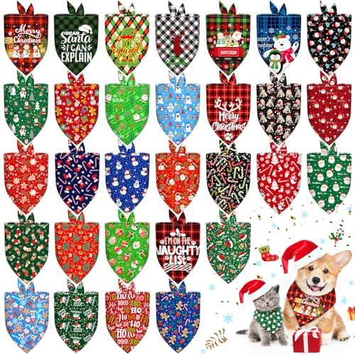 30 Pcs Christmas Dog Bandanas Bulk Adjustable Xmas Dog Scarves Bibs Winter Puppy Bandanas Pet Neckerchief Washable Holiday Bandana for Small Medium Large Dog Cat Pet Grooming Accessories by Piklodo