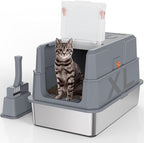 SZEE Stainless Steel Cat Litter Box with 180°Flip-Top Lid, Easy Clean XL Enclosed Litter Box, Large Covered Steel Cat Box with Scoop, Odor Control and Anti-Urine Leakage, 23.2*15*15 Inch, Dark Gray
