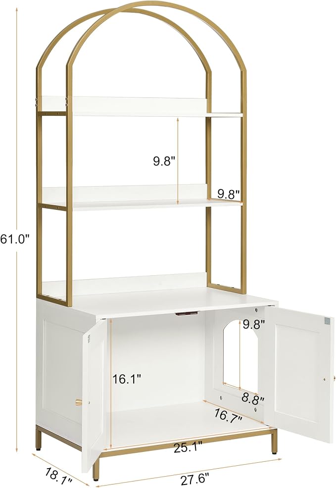 Homhedy Cat Litter Box Enclosure with 2-Tier Shelves, White and Gold | Litter Box Furniture Hidden, Indoor Cat House, Wooden Cat Washroom Furniture with Metal Frame, Modern Style
