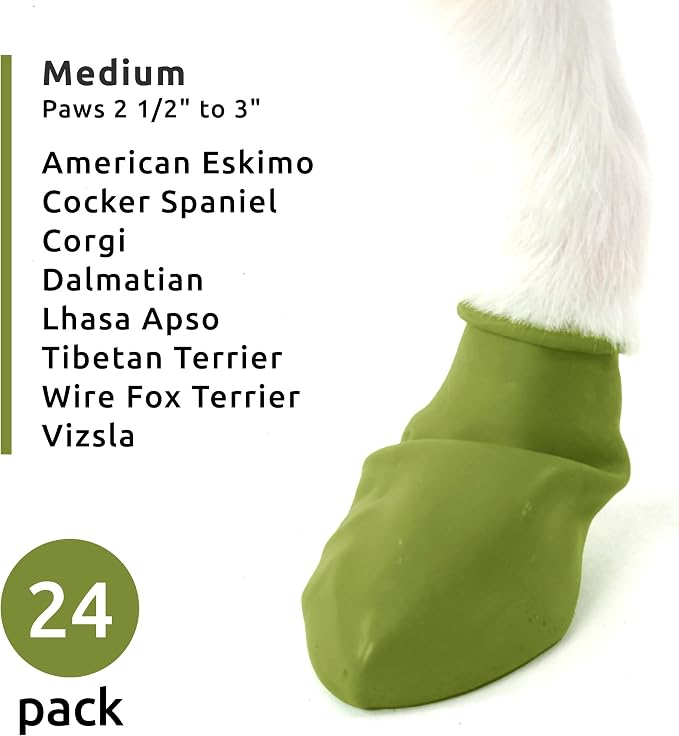 PawZ Rubber Dog Boots for Medium Paws - All-Weather Waterproof Dog Shoes, Anti-Slip Traction for Rain, Snow, Mud & Hot Pavement - Pull-On Dog Booties, Olive Green - Medium (2.5" - 3") - Pack of 24