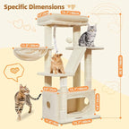 Taoqimiao Cat Tree, 38.5In Cat Tower for Indoor Cats, Suitable for Kittens | Thick Padded Top Perch, Luxurious Cat Condo, Adjustable Basket, 1-Piece Ramp Scratcher, 3 Natural Sisal Posts, Beige, MS029SM