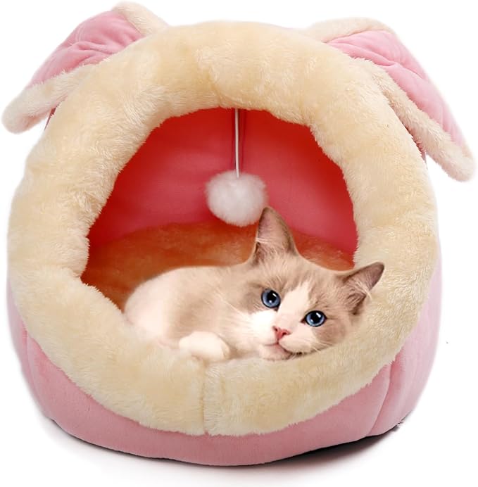 Cat Beds for Indoor Cats - Rabbit-Shaped Large Cute Cat Cave Bed,Pink XL | 17.7''Calming cat Tent house for large Cats & Small Dog,Soft Warm Plush&Removable Cushioned Pad,Machine Washable,cat Hideaway