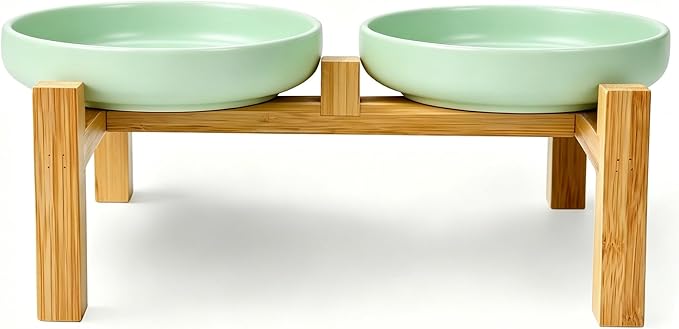 Shallow Elevated Cat Bowls with Bamboo Stand, 6.1 Inch Wide Ceramic Cat Dish Whisker Friendly, 2 Pack Pet Food and Water Plates