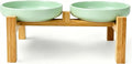 Shallow Elevated Cat Bowls with Bamboo Stand, 6.1 Inch Wide Ceramic Cat Dish Whisker Friendly, 2 Pack Pet Food and Water Plates