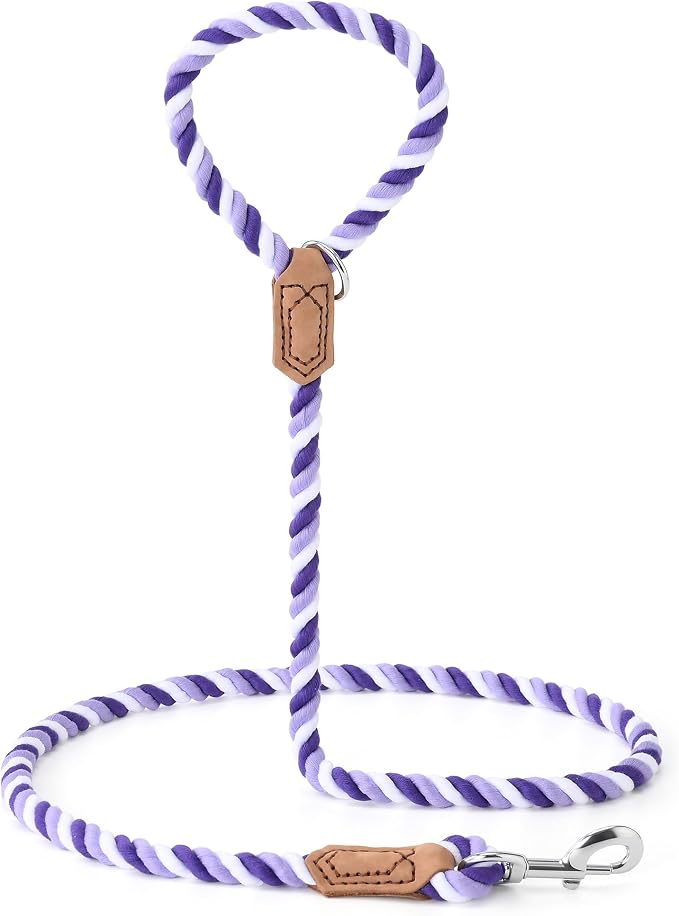Mile High Life Rainbow Dog Leash Braided Cotton Rope w Leather-Wrapped Ends | Rust-proof 360° swivel clasp, Heavy-duty for medium/large breeds. Great for weddings, daily walks (5FT, 1/2", Purple)