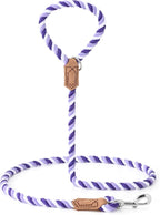 Mile High Life Rainbow Dog Leash Braided Cotton Rope w Leather-Wrapped Ends | Rust-proof 360° swivel clasp, Heavy-duty for medium/large breeds. Great for weddings, daily walks (6FT, 1/2", Purple)
