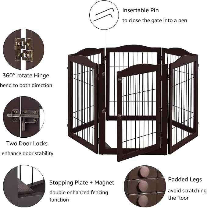 unipaws 132" Extra Wide Dog Gate and Pet Playpen with Walk Through Door | Free Standing Tall Dog Fence, Barriers for Home, Use as Indoor Dogs Cats Pen, Rabbit Pen, Espresso