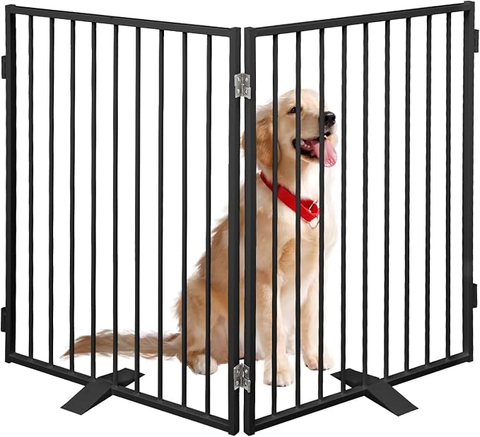 Full Metal Freestanding Dog Gates 2 Panels 32" Tall Up to 48" Wide | Heavy Duty Dog Fence for Indoor & Outdoor, Free Standing Dog Gate No Drilling Pet Barrier for Doorways, Stairs, Deck,Yard