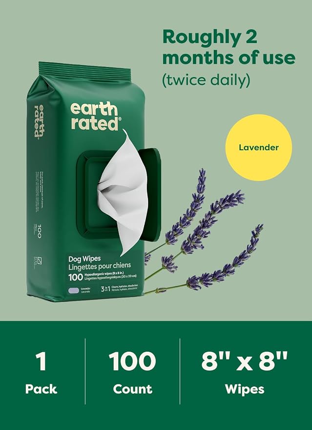 Earth Rated Dog Wipes for Paws & Butt, Deodorizing, Lavender, 200ct | Hypoallergenic, 3-in-1 Cleaning and Hydrating, for Grooming Paws, Body and Butt