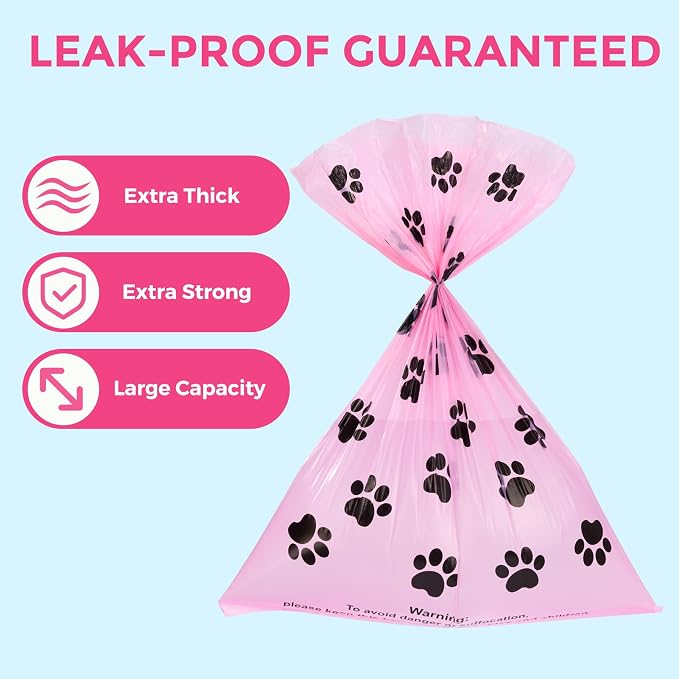 Dyforce 600 Count Dog Poop Bags Rolls with Dispenser Pink | Scented Leak Proof Pet Waste Poop Bags for Dogs 13x9", Extra Thick and Large Doggy Cat Litter Bags for Poops with Holder
