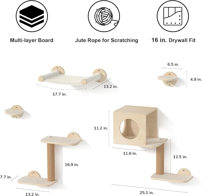 FUKUMARU Cat Wall Shelves, 5 in 1 Set, Beige | Stable Wooden Wall-Mounted Furniture Set, Kitty Climber with Hammock, House, Steps, Scratching Post