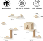 FUKUMARU Cat Wall Shelves, 5 in 1 Set, Beige | Stable Wooden Wall-Mounted Furniture Set, Kitty Climber with Hammock, House, Steps, Scratching Post
