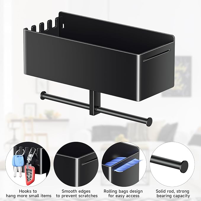 Dog Leash Holder for Wall, Dog Leash Hooks, Pet Stuff Organizer with Shelf Storage, Metal Key Holder, Leash Hangers Organizer Rack for Pet Collar, Toys, Treats, Poop Bag (Black)