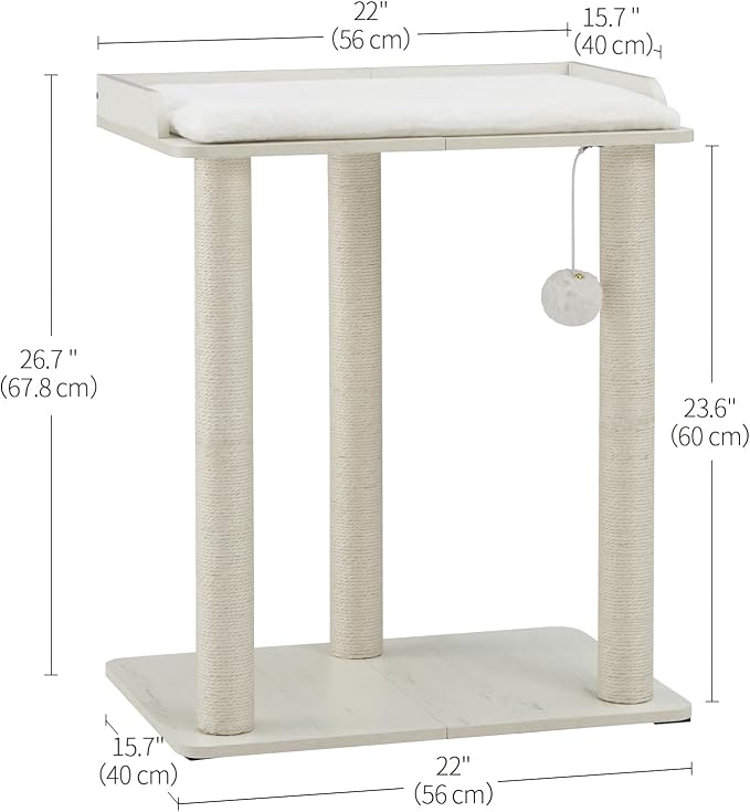 FourFurPets 26.7in Large Cat Tree Tower Condo, Cat Scratch Posts for Indoor Cats, Big Plate, Three 23.6in Full Sisal Scratching Posts, White