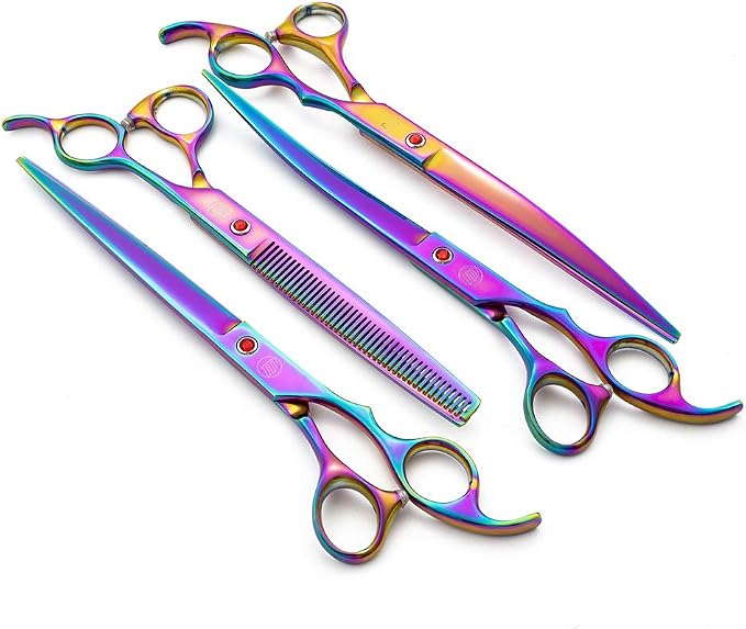 Moontay Professional 8.0" Dog Grooming Scissors Set, 4-pieces Straight, Upward Curved, Downward Curved, Thinning/Blending Shears for Dog, Cat and Pets, JP Stainless Steel, Multicolour | Straight, Upward Curved, Downward Curved, Thinning/Blending Shears...