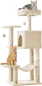 Sweetcrispy 44 Inch Cat Tree Tower, Cat Condo with Hammock, Beige | Cat Climbing Tower with Natural Sisal Scratching Posts, Hammock, Pet Condo for Indoor Cats and Kittens Play