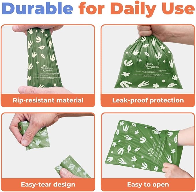 Best Pet Supplies GRS Poop Bags for Dogs - 300 Count, Green, Unscented | Unscented, 50% Post-Consumer Recycled Plastic, Leak-proof, Easy-Tear perforations, Thick Bags, Fits Standard Holders