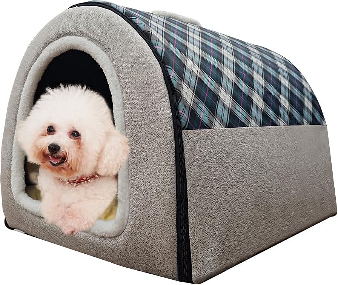Dog Bed or Cat Bed,2 Ways to Use,Indoor Pet House with Fluffy Mat,Removable and Washable Cover,Splash-Proof House and Non-Slip Bottom,for Medium Dogs and Cats(L Plaid & Gray)