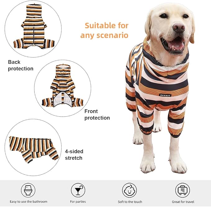 Dog Pajamas for Large Dogs,Extra Large Stretch, Suitable for Adult, Medium-Sized Dogs, Large Pet Jumpsuit Four-Legged Dog Clothes, Pet Clothing. (Yellow-Black Bar, 2XL)