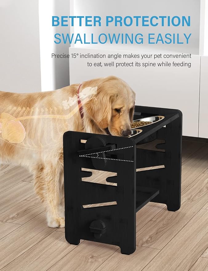 Vantic Elevated Dog Bowls, Raised Dog Bowl Stand Adjustable Medium, Black | Bamboo Elevated Feeder with 2 Stainless Steel Bowls, Adjustable Height Stand for Medium Dogs