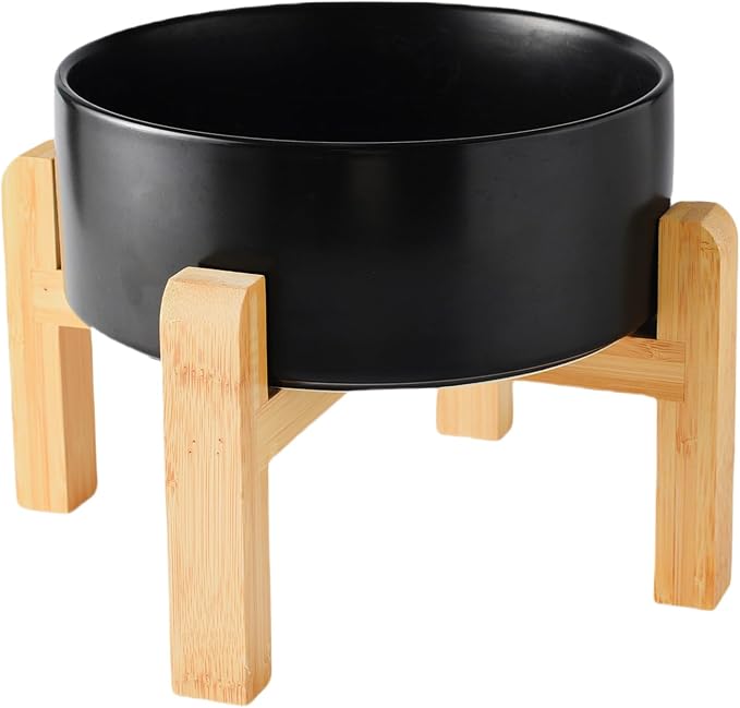 8'' Ceramic Raised Dog Bowl - 70Oz Dog Food & Water Bowl with Elevated Non-Slip Bamboo Stand, Dishwasher & Microwave Safe, Anti Vomiting Heavy Duty Pet Bowl for Medium and Large Dogs, Black
