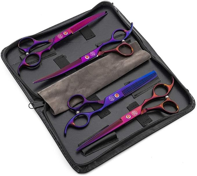 Moontay Professional 7" Dog Grooming Scissors Set 4PCS, Purple | Straight, Upward Curved, Downward Curved, Thinning/Blending Shears for Dog, Cat and Pets, JP Stainless Steel
