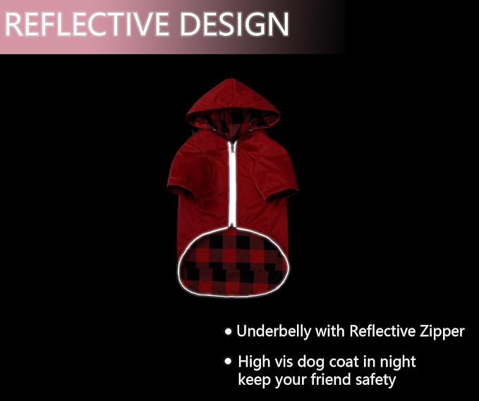 Dog Raincoat Dogs Waterproof Reversible rain Jacket Dog Small Medium Breeds Reflective Zipper Storage Pocket Harness Hole - Red - S