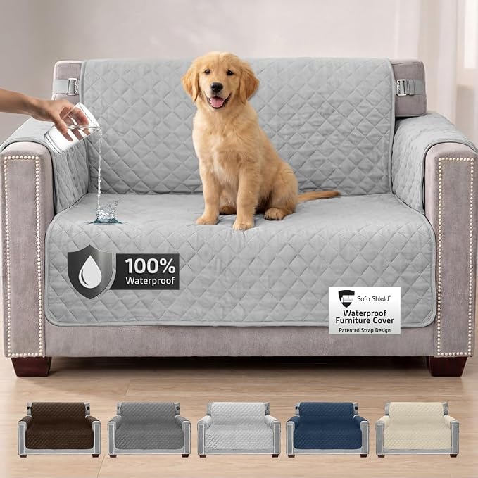 Sofa Shield 100% Waterproof Couch Cover with Patented Straps, Slip & Stain Resistant Furniture Protector, Machine Washable Sofa Slipcover for Dogs Cats Pets Kids, 54 inch Seat, Loveseat, Light Gray
