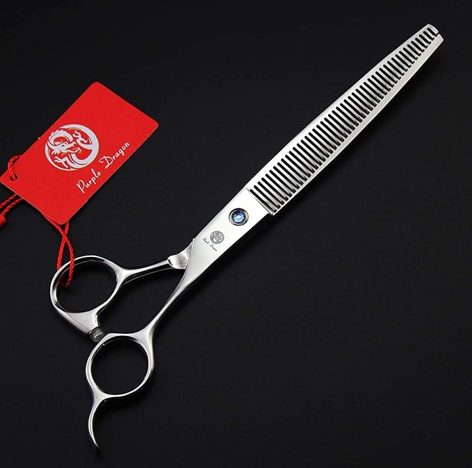 Purple Dragon 8.0 in Dog Grooming Scissors Set with Anti-Shock Bag - Silver | Japanese 440C Steel Pet Grooming Shears, Comfortable Grip, Includes Curved, Straight & Thinning Scissors with Silencer