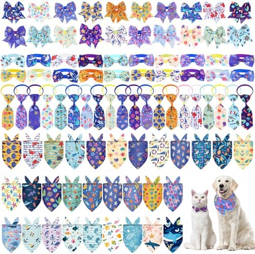 Reginary 120 Pcs Ocean Animals Dog Bandanas Bulk Dog Bows Set Bow Ties Cat Scarf Colorful Washable Triangle Pet Kerchief Cute Bib for Summer Small Medium Large Pets Grooming Accessories Costume by Reginary