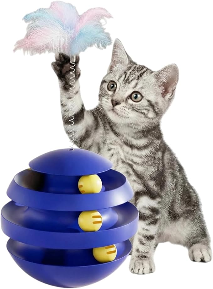 Cat Toys for Indoor Cats, Interactive Cat Ball Track with Feather | Kitten Toy Tumbler, 3-Layer Self Spinning Cat Ball Tower for Bored Indoor Adult Cats