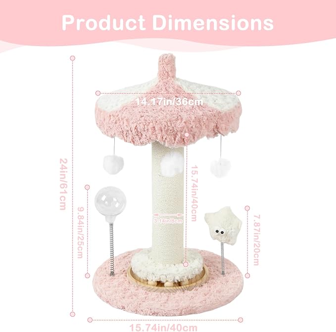 Kitten Scratching Post, Cute Pink Cat Scratcher Sisal | Rotating Canopy, Hanging Balls, Ball Track, Star-Shaped Talking Toy, Snack Balls, 24'', for Indoor for Kittens Adults Cats