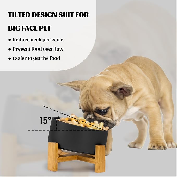 SPUNKYJUNKY 15° Slanted Ceramic Dog and Cat Bowl with Wooden Stand, Tilted Bulldog Food and Water Bowl No Slip Non-Spill for Cats Medium Dogs Big Face Pets 28.7 OZ (3.6 Cups, Black)