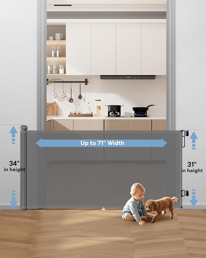 Retractable Baby Gate for Stairs – 34" Height, Expands up to 71" Width, Safety Gate for Infants, Toddlers, Dogs & Pets, Easy Install, Gray Puppy Gate for Indoor & Outdoor Use, Gray | Extra Long Mesh Baby & Pet Gate with Anti-Crawling Hook, Safety Lock,...