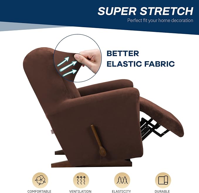 Asnomy Stretch Recliner Chair Covers with Pockets 1-Piece（Chocolate） | Velvet Washable Elastic Luxury Plush Reclining Furniture Protector for Dogs Cats or Lazy Boy Recliner Covers