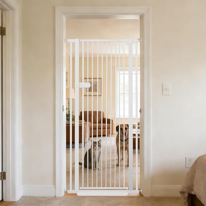 Lumizone Extra Tall Cat Gate 61.02" High 29.92"-34.24" Wide Pet Gate White | Dog Gate for Doorway Hallway Stairs Pressure Mounted Extra Wide 1.37" Gap No Drilling Auto-Close One-Handed Operation