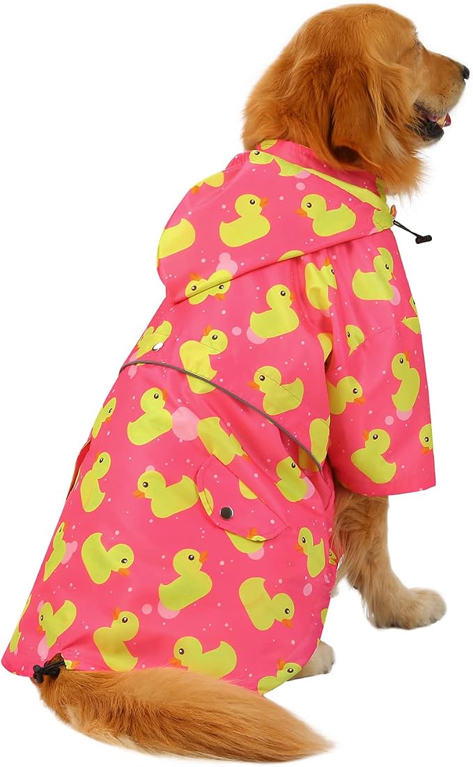 HDE Dog Raincoat Poncho Double Layer Zip Rain Jacket with Removable Hood, Leash Hole for Small to 3XL Dogs and Puppies Ducks Pink - 2XL