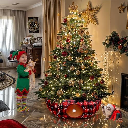 3-in-1 Red Black Buffalo Plaid Cat Tunnel Christmas Tree Skirt for Cat Play - Image 4